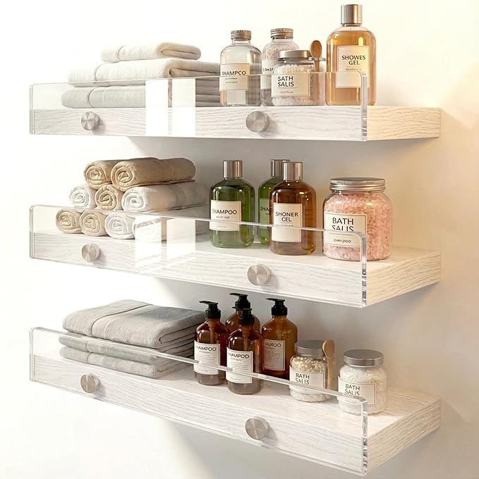 3 Pack Wooden Floating Shelves for Wall with Acrylic Front Lip, 15.7 IN Wall Mounted Rustic Style Shelves for Bathroom, Bedroom, Living Room, Kitchen, Hanging Shelves, White