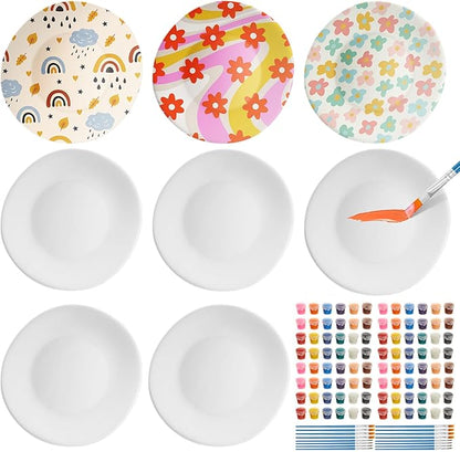 Kolldenn 8 Sets Jewelry Dish Making Kit DIY Paint Your Own Ceramic Arts and Crafts Kit Make Your Own Jewelry Bowls Gifts for Birthday Gift Ideas (Round Plate)