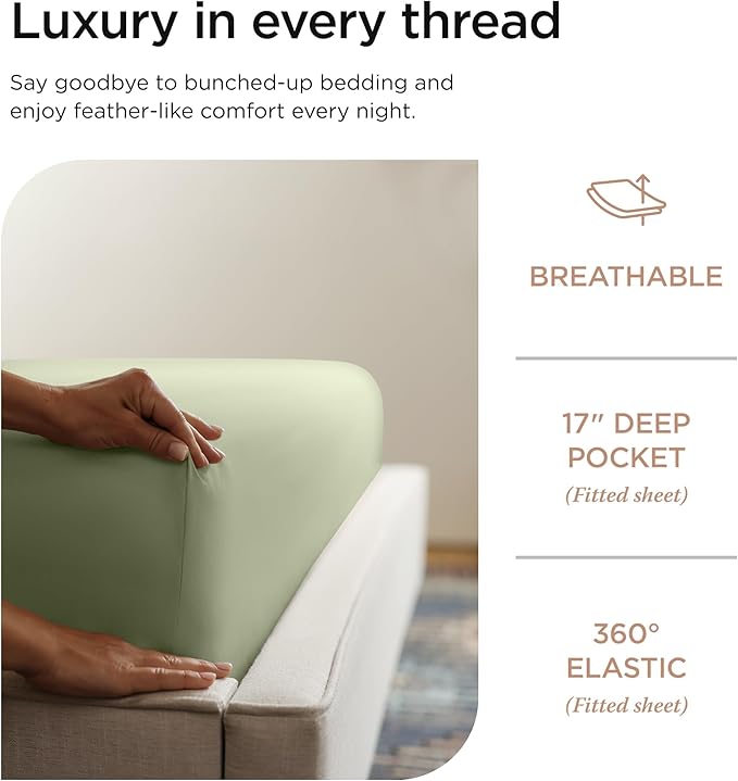 Threadmill Supima Cotton Sheets, 1000 Thread Count Cotton Sheets for Cal King Size Bed, 4 Pc Sage Green Cal King Bed Sheet Set, 5-Star Hotel Quality, Elasticized Deep Pocket Cal King Sheet