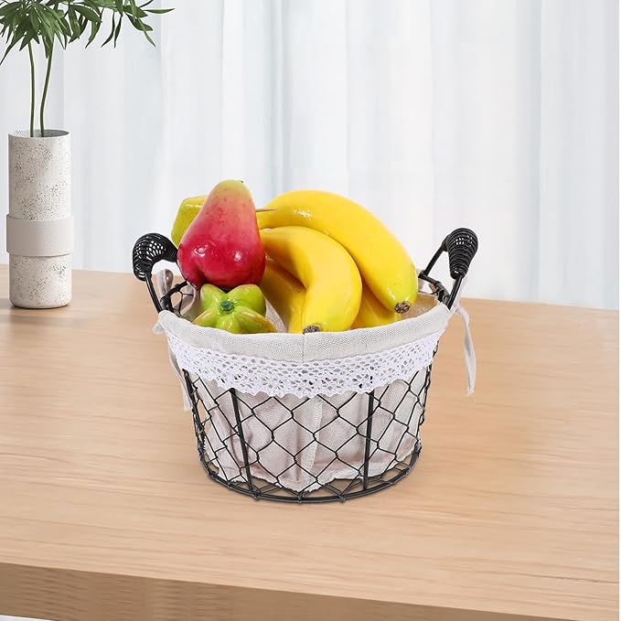 Wire Storage Basket with Handle and Fabric Liner Rustic Metal Bread and Fruit Basket for Kitchen Pantry Organization for Serving and Storage