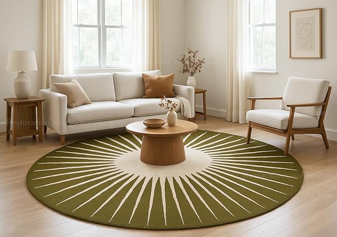 Modern Round Area Rug – Hand-Tufted with 100% NZ Wool, Thick & Soft Circular Carpet for Living Room, Bedroom & Dining Room Decor (Moss Green, 9' Round)