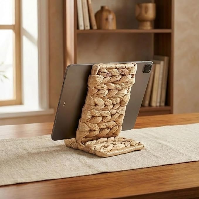Ahyra Wicker Cell Phone Stand for Desk, Sturdy Tablet & E-Reader Holder, Handcrafted Woven Art Piece, Scratch-Free Cradle, Boho Desk Decor
