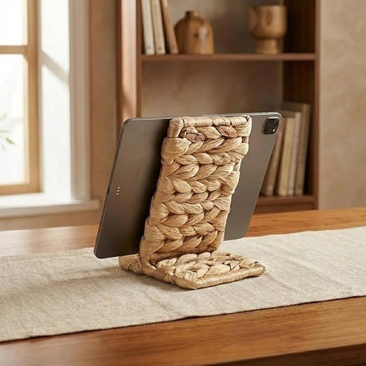 Ahyra Wicker Cell Phone Stand for Desk, Sturdy Tablet & E-Reader Holder, Handcrafted Woven Art Piece, Scratch-Free Cradle, Boho Desk Decor