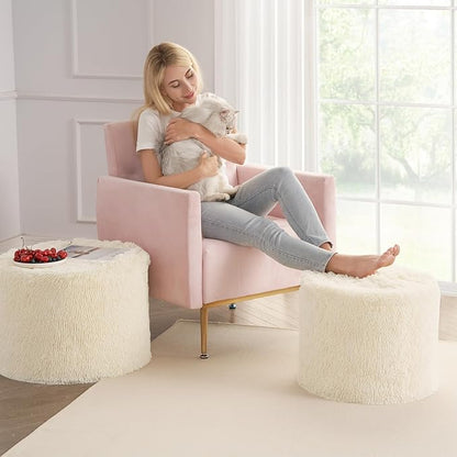 Hansleep Pouf Ottoman Foam Filled 20 x 15, Faux Fur Round Ottoman Foot Rest for Chair with Washable Cover, Foot Stools Under Desk for Living Room & Bedroom, Beige