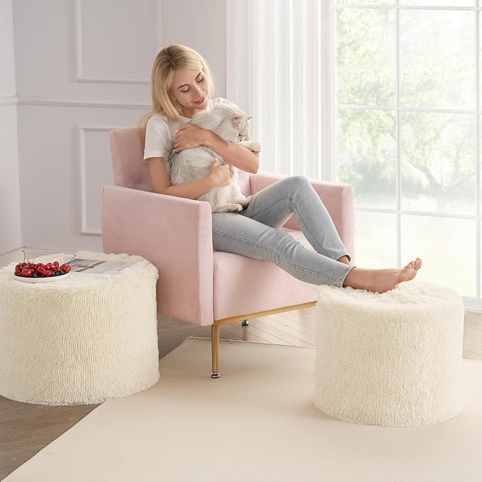Hansleep Pouf Ottoman Foam Filled 17 x 14, Faux Fur Round Ottoman Foot Rest for Chair with Washable Cover, Foot Stools Under Desk for Living Room & Bedroom, Beige