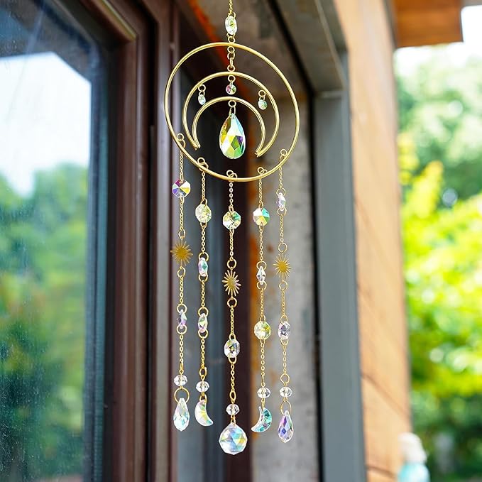 H&D HYALINE & DORA Crystal Suncatcher Moon Sun Catcher Window Suncatchers Crystal Wind Chimes for Window Home Garden Backyard Decor Light Catchers Gift for Women