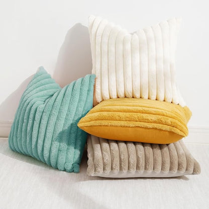 decorUhome Faux Fur Spring Throw Pillow Covers 24x24 Set of 2, Decorative Soft Plush Striped Neutral Couch Euro Sham Pillow Covers with Velvet Back for Sofa, Bed, Living Room Home, Aqua