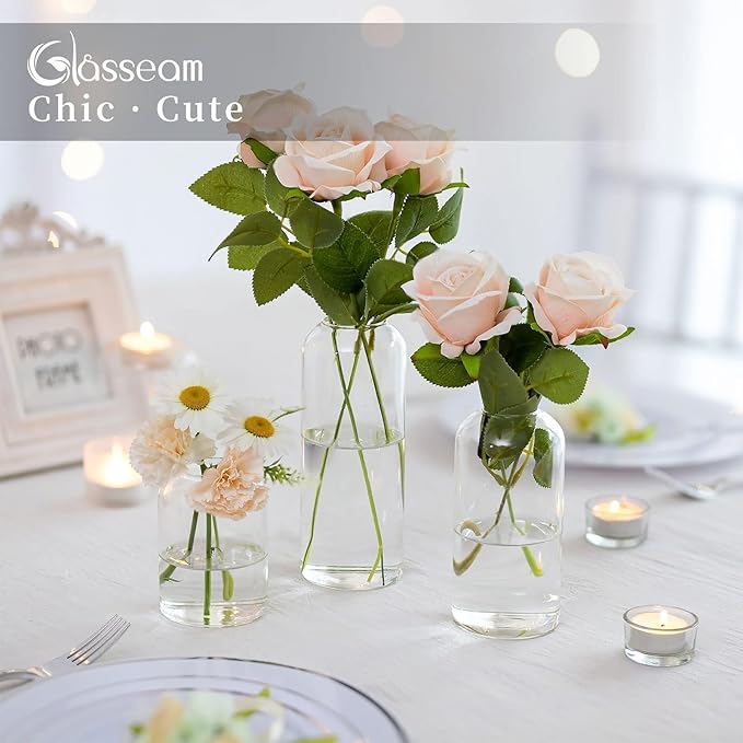 Glasseam Clear Small Flower Vases - Bulk Set of 12, Handmade Modern Decorative Bud Vases for Flowers, Wedding Centerpiece, Dining Table Decoration