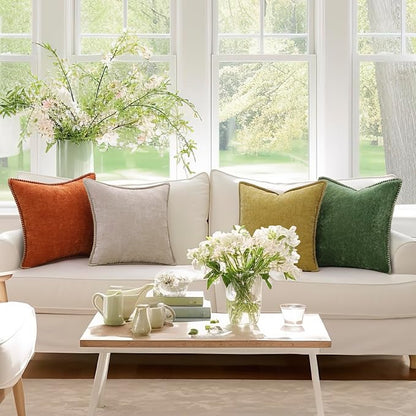decorUhome Spring Chenille Soft Throw Pillow Covers 18x18 Set of 2, Farmhouse Velvet Neutral Decorative Pillow Covers with Stitched Edge for Couch Sofa Bed Home Decor, Mineral Yellow