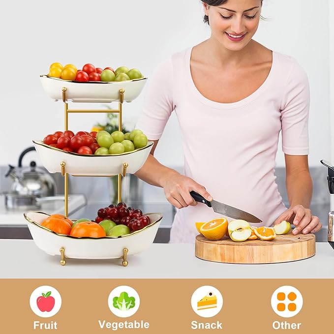 Fruit Basket for Kitchen Counter, 3 Tier Fruit Basket, Ceramic Fruit Bowl, Fruit Bowl for Kitchen Counter, Porcelain Fruit Stand Storage Holder, Large Capacity Fruit Holder for Dessert, Snack(White)