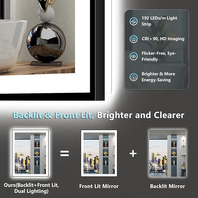 28x36 Inch Black Framed LED Bathroom Mirror with Lights, Backlit & Front Lit, Anti-Fog Lighted Vanity Mirrors for Bathroom Wall, Dimmable, 3-Color Light, Memory, Shatter-Proof, Tempered Glass