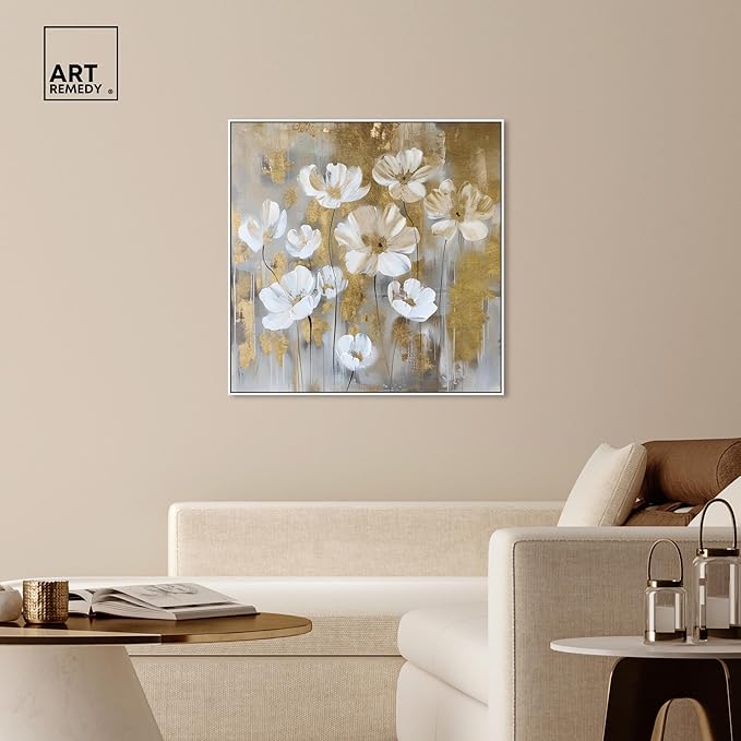 Art Remedy Golden Daisies Canvas Elegant White Gold Wall Art, White Frame, 40" x 40"