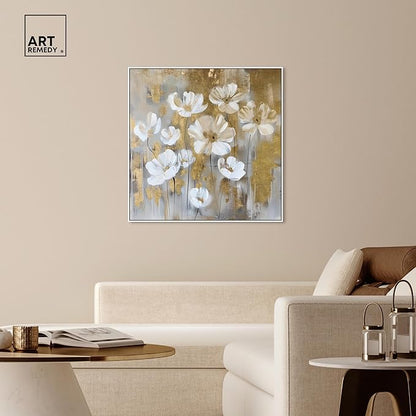 Art Remedy Golden Daisies Canvas Elegant White Gold Wall Art, White Frame, 40" x 40"