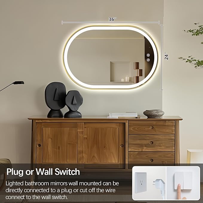 Niccy Oval LED Mirror for Bathroom, 40x24 Front Lit + Backlit Vanity Mirrors with Light Anti-Fog, Shatter-Proof, 3 Colors, Makeup Mirror with Old Gold Frame (Horizontal/Vertical)