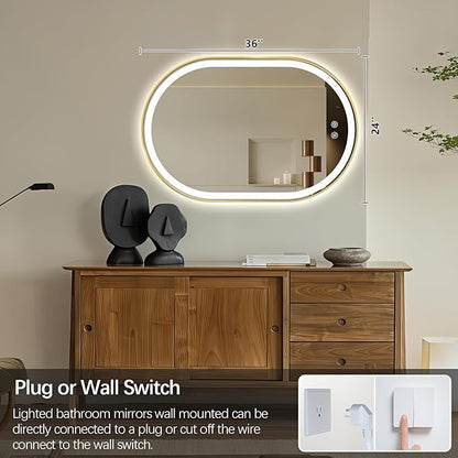 Niccy Oval LED Mirror for Bathroom, 40x24 Front Lit + Backlit Vanity Mirrors with Light Anti-Fog, Shatter-Proof, 3 Colors, Makeup Mirror with Old Gold Frame (Horizontal/Vertical)
