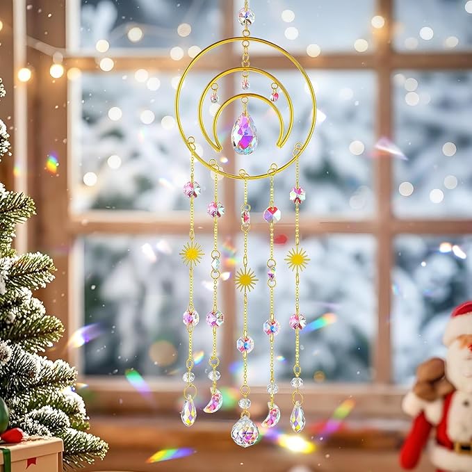 H&D HYALINE & DORA Crystal Suncatcher Moon Sun Catcher Window Suncatchers Crystal Wind Chimes for Window Home Garden Backyard Decor Light Catchers Gift for Women
