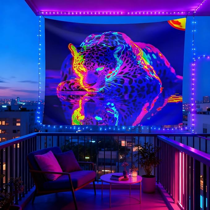 seewan Black Light Leopard Tapestry, UV-Reactive Purple Jaguar Water Reflection Wall Hanging, Psychedelic Wildlife Art Wall Decoration for Bedroom, Dorm, or Living Room