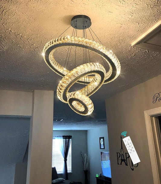 3 Rings LED Chandelier Modern Dimmable Dining Room Chanderliers Entryway Crystal Pendant Lights for Kitchen Bedroom Living Room Black Light