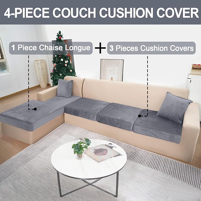 Sectional Couch Covers for 4-Piece Seat Cushion Velvet Separate L Shape Couch Cover Stretch Sofa Slipcover with 2 Pieces Pillowcases Furniture Protector (Sofa 3 Seater + 1 Chaise, Dark Grey)