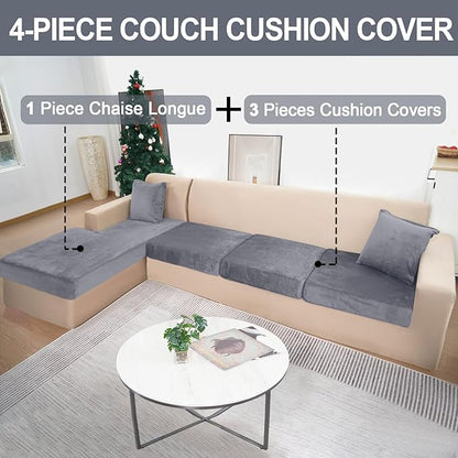 Sectional Couch Covers for 4-Piece Seat Cushion Velvet Separate L Shape Couch Cover Stretch Sofa Slipcover with 2 Pieces Pillowcases Furniture Protector (Sofa 3 Seater + 1 Chaise, Dark Grey)