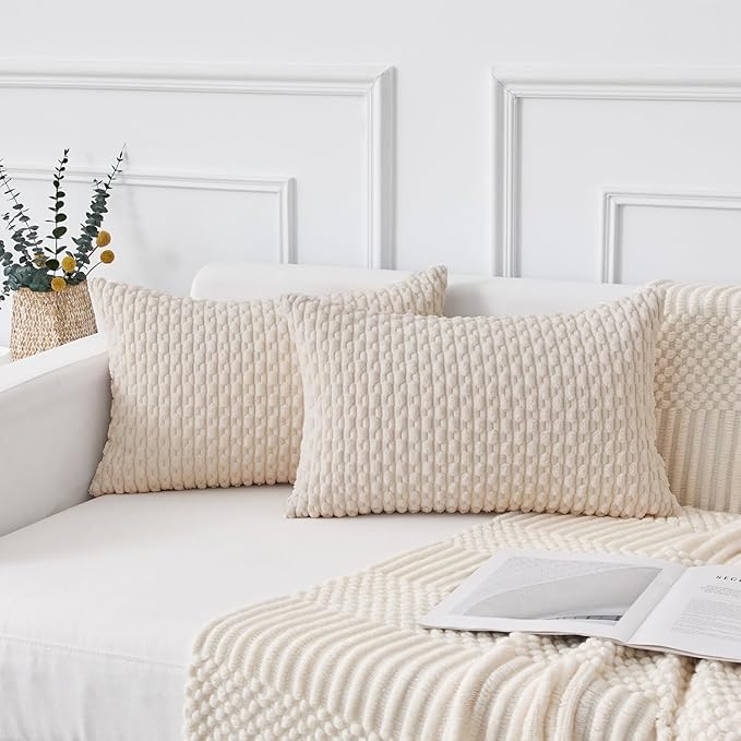Kevin Textile 12x24 Inch Pillow Cover 1 Pack Boho Decorative Soft Striped Corduroy Lumbar Farmhouse Solid Color Accent Rectangle Cushion Case for Living Room Couch Sofa Bed, Cream White