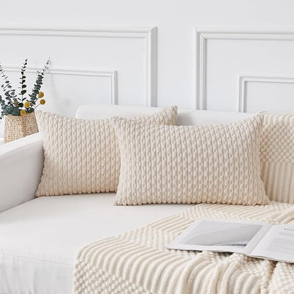Kevin Textile 12x20 Inch Pillow Cover 1 Pack Boho Decorative Soft Striped Corduroy Lumbar Farmhouse Solid Color Accent Rectangle Cushion Case for Living Room Couch Sofa Bed, Cream White