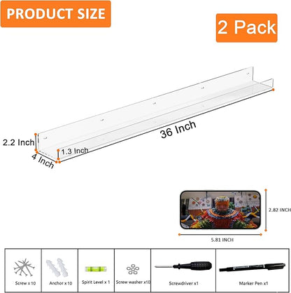 36'' Clear Acrylic Wall Long Shelf 2 Pack, Acrylic Floating Book Shelves, Wall Mounting Invisible Ledge Book Shelf