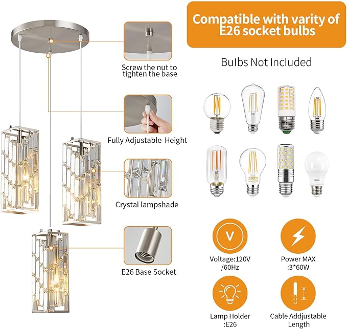 Brass Nickel Pendant Lighting Modern Pendant Light, Mini Crystal Chandeliers,Adjustable Pendant Light Fixture for Kitchen Island Dinning Room Bedroom (3 Light)