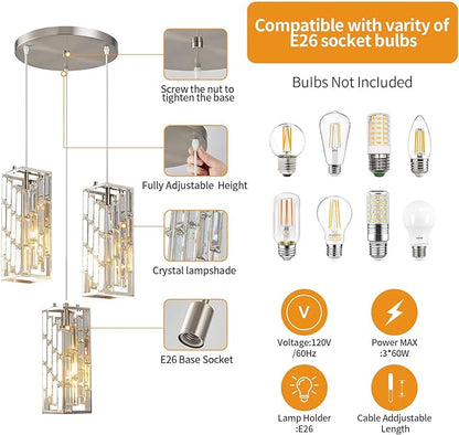 Brass Nickel Pendant Lighting Modern Pendant Light, Mini Crystal Chandeliers,Adjustable Pendant Light Fixture for Kitchen Island Dinning Room Bedroom (3 Light)