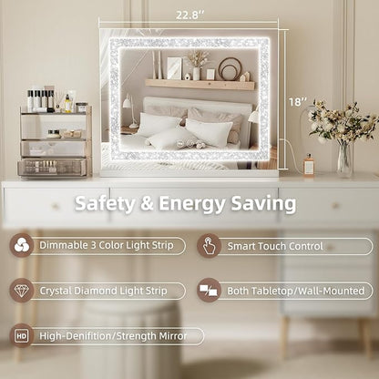 Fenair Vanity Mirror with Lights 22.8’ * 18.1’ Diamond Light Strip Makeup Mirror with Tempered Glass, 3 Color Modes Light up Mirror with USB Charging Port, 10X Magnification and Smart Touch, White
