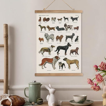 XIAOAIKA Classic Dog Breeds Illustrated Poster - Vintage Canine Varieties Wall Art with Wooden Hanger - Educational and Decorative Print for Pet Lovers and Breeders 16 x 23 Inches