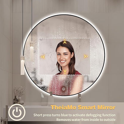36" Round LED Bathroom Mirror, Wall Mounted Backlit Vanity Mirror with 45° Beveled Frame Lighted Mirror for Bedroom, Fog Free 3-Color Dimmable Lights Memory Function, Black
