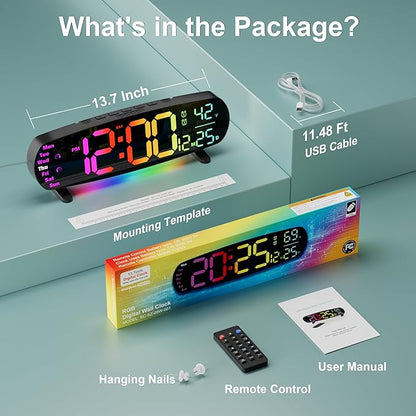 13.7" Digital Wall Clock Desk Clocks with Temperature, 11 RGB Colors, Night Lights, Alarms, Auto Dimming, Timer, DST, Remote Control, Digital Clock for Classroom Livingroom Gym Gaming, Gift for Senior