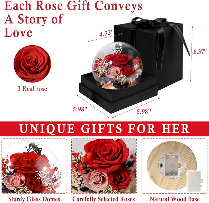 FIACO Preserved Rose Birthday Gift for Women Forever Fresh Flowers for Prime Delivery Gift for Mom Grandma Wife Valentines Mothers Day Christmas Anniversary Eternal Roses in Glass Dome