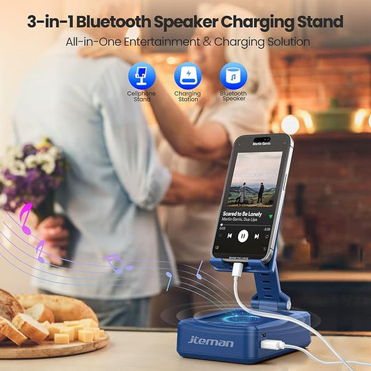 JTEMAN Cell Phone Stand with Bluetooth Speaker,HD Sound Adjustable Phone Holder,Birthday Gifts for Men Women, Cool Tech Kitchen Gadgets for Most Phones and Tablets-Blue