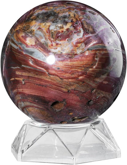 Natural Ocean Jasper Crystal Ball with Acrylic Display Base, 71-80mm Polished Stone Feng Shui Crystal Sphere Meditation Decoration for Home & Office