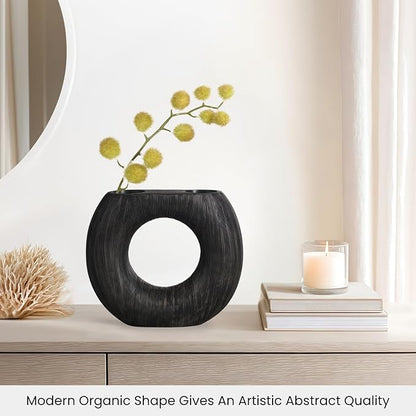 Torre & Tagus Black Donut Vase for Flowers - 9 Inch Tall Textured Vases for Centerpieces with 2 Openings, Sculptures Home Decor & Abstract Sculptures Home Decor for Shelf Decor Aesthetic (Alma)