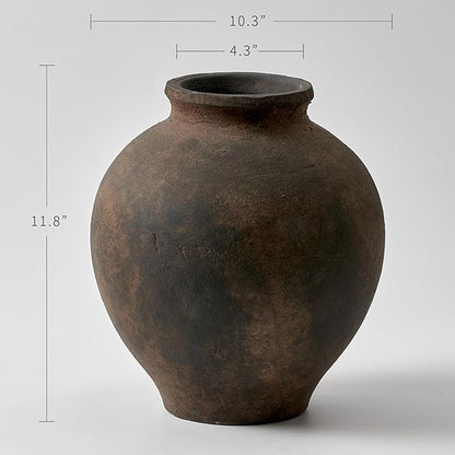 LB2 Brown Ceramic Large Vase, 11" Tall Zen Style vase, Terra Cotta Pitcher, Distressed Farmhouse Decor, Pottery Decorative Flower for Home Decor (C - Brown 11")