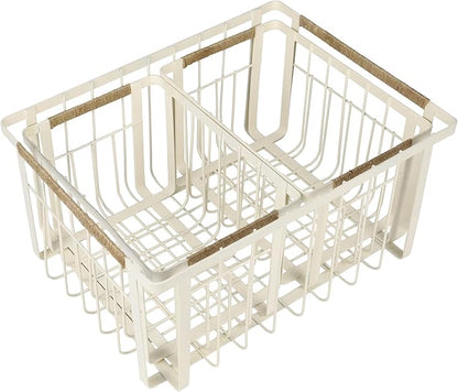 happimess BSK3003C-3SET Henley Vintage Farmhouse Wire Metal Nesting Storage Baskets with Jute Wrapped Handles for Shelves, Cabinets, Pantry, Countertop, Mesh Open Bin Basket, Almond (Set of 3)
