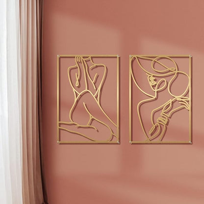 Glamativity Large 4 Pack Gold Wall Art, Minimalist Single Line Art, Real Metal Wall Art, Woman's Body Shape Abstract Art (Gold Elegant Style, L Size 22.5 x 15.7'')