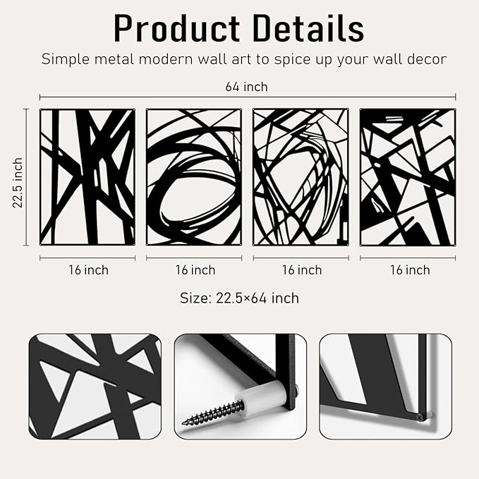 Black Abstract Wall Art, Metal Art Wall Decor, Modern Large Wall Art, 3D Abstract Wall Sculptures for Bedroom Bathroom Living Room (4 Pack, 22.5 x 16 in)