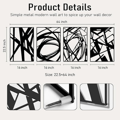 Black Abstract Wall Art, Metal Art Wall Decor, Modern Large Wall Art, 3D Abstract Wall Sculptures for Bedroom Bathroom Living Room (4 Pack, 22.5 x 16 in)