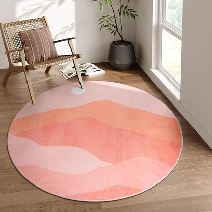 Pink Round Rugs, 4Ft Soft Nursery Rug Non Slip Washable Circle Rug, Modern Mountain Playroom Mat Sunrise Sunset Round Carpet for Kids Room Entryway Bedroom Living Room Dorm