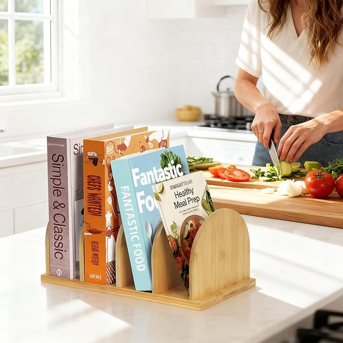Bamboo Cook Book Organizer, Desktop Bookshelf, Convenient Book Stand, 4-Slot Recipe Holder, Table Cookbook Storage for Home & Kitchen