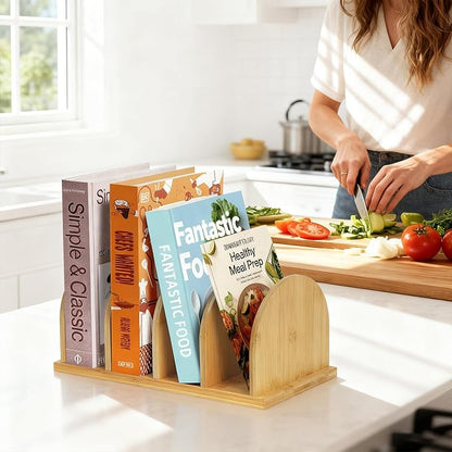 Bamboo Cook Book Organizer, Desktop Bookshelf, Convenient Book Stand, 4-Slot Recipe Holder, Table Cookbook Storage for Home & Kitchen