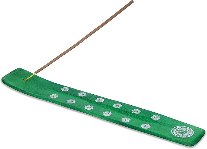 Bless-International Traditional-Handmade-Burner Wooden-Incense-Stick-Holder Ash-Catcher-Stand for-Aromatherapy-Meditation-Yoga (Earth Green) 10 Inches, Pack of 2
