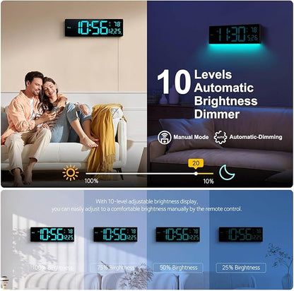 Digital Wall Clock 16", Wall Clocks with 11 RGB Colors, Alarm Clock with Night Lights, Large Digital Clock for Living Room Bedroom Office Classroom Decor, Auto DST, Temperature, Remote Control