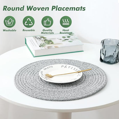8 Pack Round Woven Placemats 13.5 Inches Heat Resistant Placemats Farmhouse Cotton Rope Braided Place Mats for Dining Tables Trivets for Hot Dishes, Light Grey