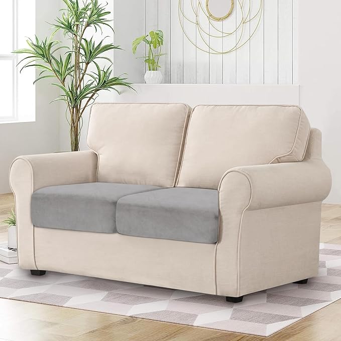 Couch Cushion Cover Velvet 2 Pieces Seat Cushion Cover Stretch LoveSeat Couch Covers Separate Sectional Sofa Slipcovers Furniture Protector (2-Seater or Backrest, Light Grey)