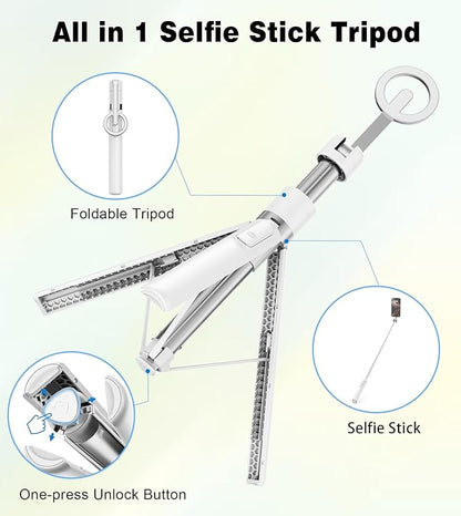 TONEOF 68" Magnetic Selfie Stick Tripod with Aluminum Strong Magnetic Holder for Magsafe, 360° Rotatable Travel Phone Tripod Stand with Metal Ring & Rechargeable Remote for iPhone/Android（White）